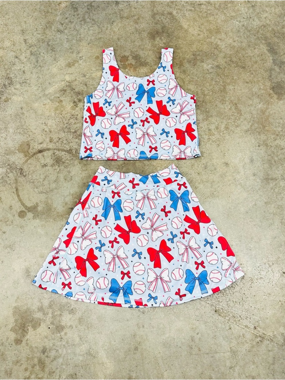 Girls White Tank Top & Skirt Set with Red and Blue Bow Print